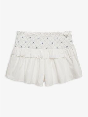 For Love & Lemons White Smocked Ruffle Shorts with Blue Embroidery